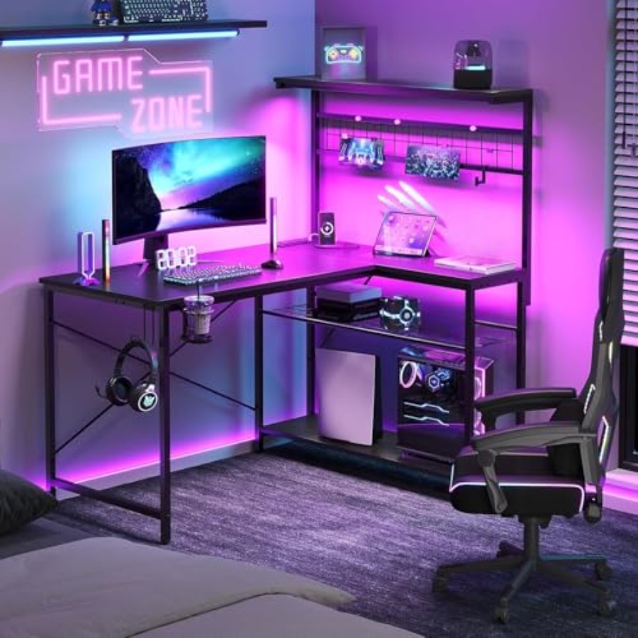 42인치 게이밍 데스크, 전원 콘센트 및 LED 조명  - Desk Setup L Shaped 리뷰 및 가격