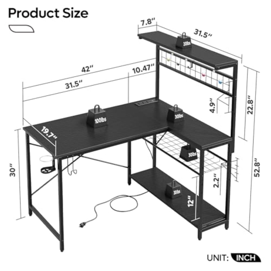 42인치 게이밍 데스크, 전원 콘센트 및 LED 조명  - Desk Setup L Shaped 리뷰 및 가격